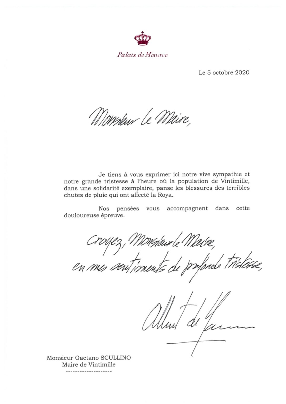 Il Principe invia una lettera di sostegno al sindaco di Ventimiglia