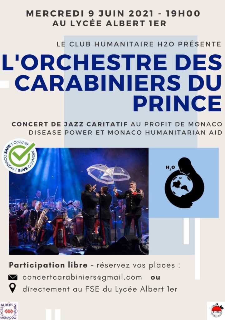 L'Orchestra dei Carabinieri del Principe presenta un concerto jazz mercoledì 9 giugno sulla terrazza del Liceo Albert Ier a favore di due associazioni Monaco Disaese Power e Monaco Humanitarian Aid.