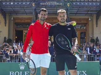 Una partita di mini tennis tra Djokovic e Wawrinka per il via al Monte-Carlo Masters di Tennis davanti al Casinò