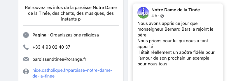 La Parrocchia Notre Dame de la Tinée annuncia la scomparsa dell'arcivescovo emerito di Monaco Bernard Barsi ma Barsi è ancora vivo ma appeso a un filo