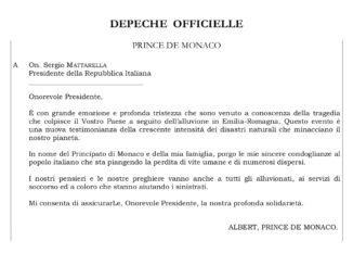 S.A.S. il Principe Albert II ha inviato un messaggio di condoglianze al Presidente della Repubblica Italiana Sergio Mattarella a seguito dell'alluvione in Emilia Romagna.