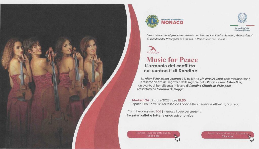 Music for Peace, una serata a favore di Rondine Cittadella della Pace il 24 ottobre ore 19.30 sala Leo Ferré Monaco