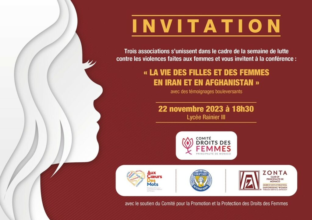 Conferenza: La vita delle ragazze e delle donne in Iran e Afghanistan. Presso il Liceo Rainier III, ore 18h30 di mercoledì 22 novembre