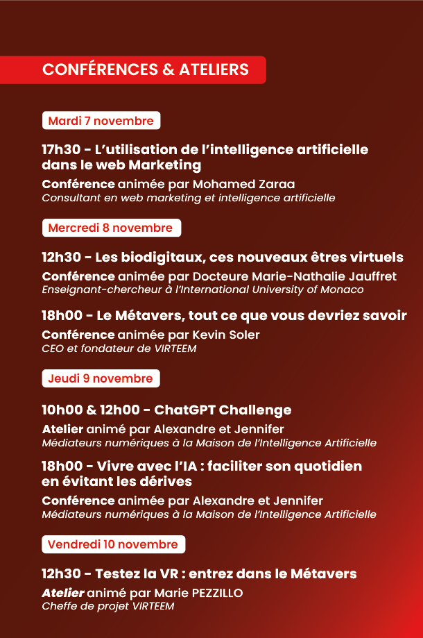 Da martedì 7 al venerdì 10 novembre la Maison du Numérique di Monaco proporrà una serie di conferenze aperte al pubblico per immergersi sulle novità digitali, Immersive Week.