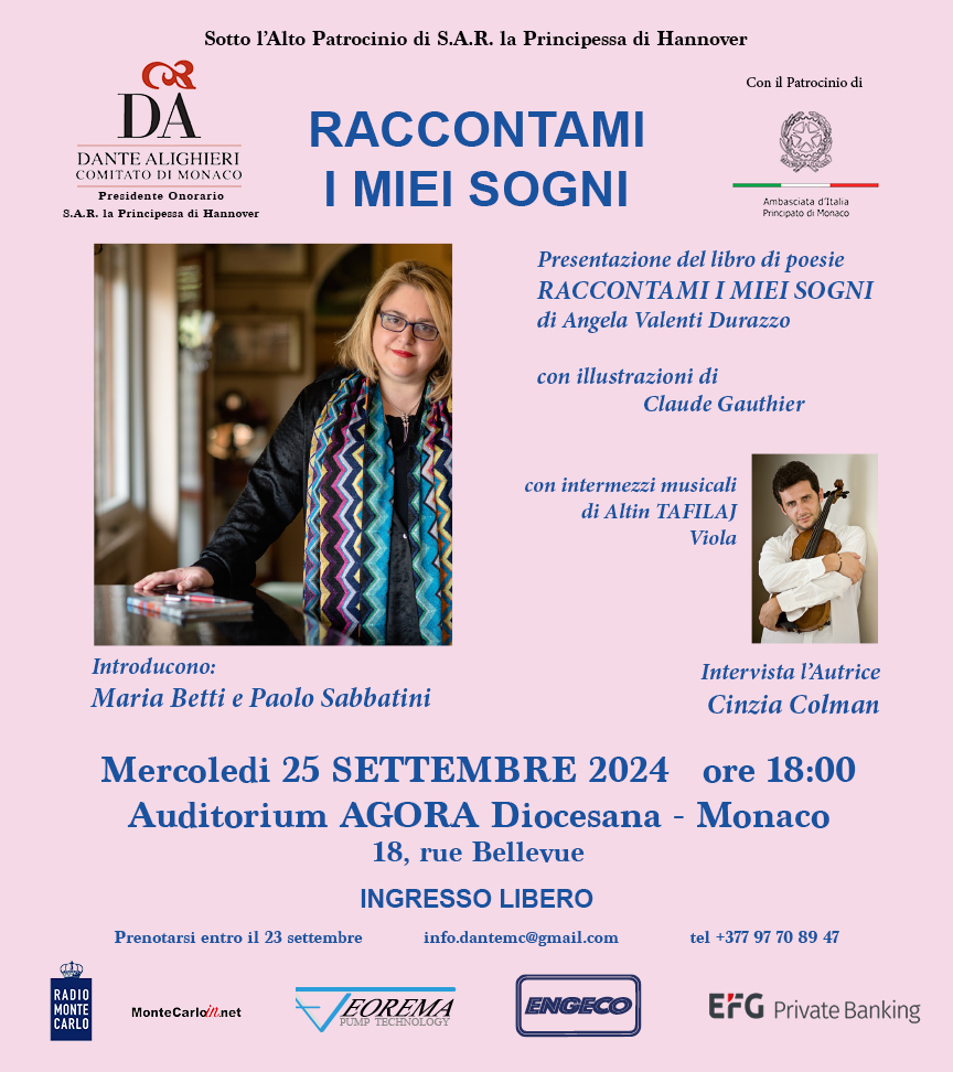 L'associazione Dante Alighieri Monaco apre la stagione con la presentazione del libro di poesie di Angela Valenti Durazzo "Raccontami i miei sogni"