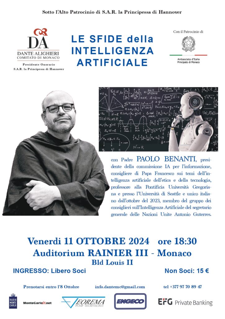 La Dante Alighieri di Monaco, presenta la conferenza con Padre Paolo Benanti, sul tema: "Le sfide dell'intelligenza artificiale". L'appuntamento è all'Auditorium Ranieri III, venerdì 11 ottobre alle ore 18.30