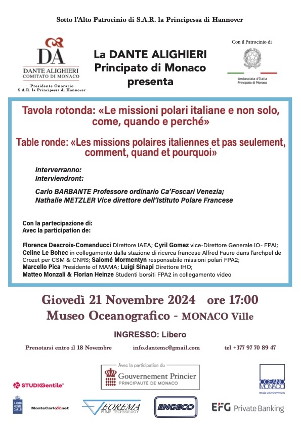 Le missioni Polari italiane saranno al centro della Tavola Rotonda dell’Associazione Dante Alighieri di Monaco, presso il Museo Oceanografico, giovedì  21 Novembre alle ore 17.