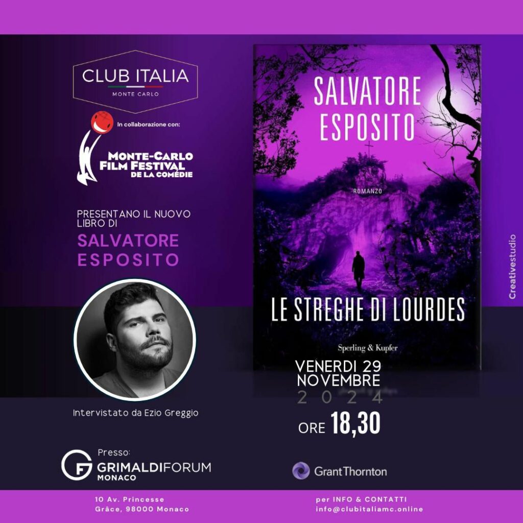 L'attore Salvatore Esposito, per la seconda volta torna al Monte-Carlo Film Festival de la Comedie, dove in collaborazione con Club Italia, presenterà il suo libro, un crime intitolato "Le Streghe di Lourdes".