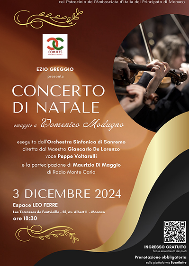 Il Com.It.Es. di Monaco annuncia il concerto di Natale per il 3 dicembre, "Omaggio a Modugno" con l'Orchestra Sinfonica di Sanremo