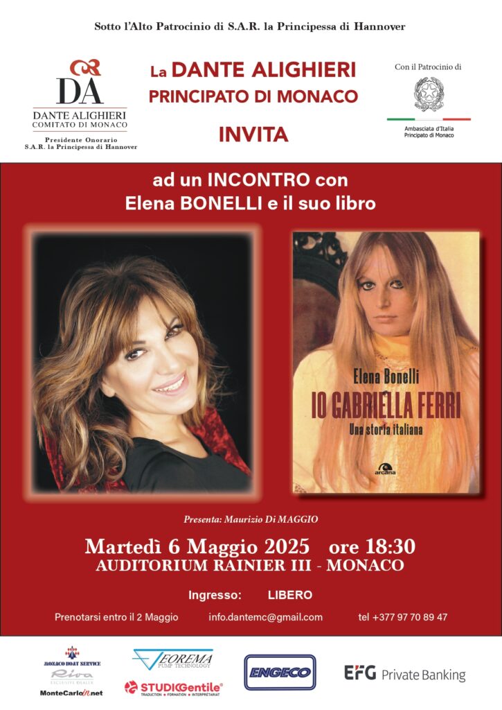 L’Associazione Dante Alighieri di Monaco propone un viaggio culturale dedicato a Gabriella Ferri con Elena Bonelli, martedì 6 maggio, alle ore 18.30, all’Auditorium Ranieri III.