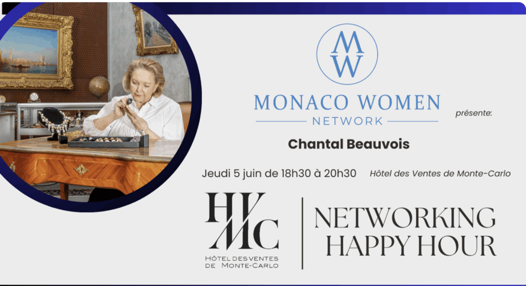 Ospite del Monaco Women Network sara Chantal Beauvois per paralre di gioielli e pietre preziose presso l'Hotel des Ventes de Monte-Carlo il 5 giugno