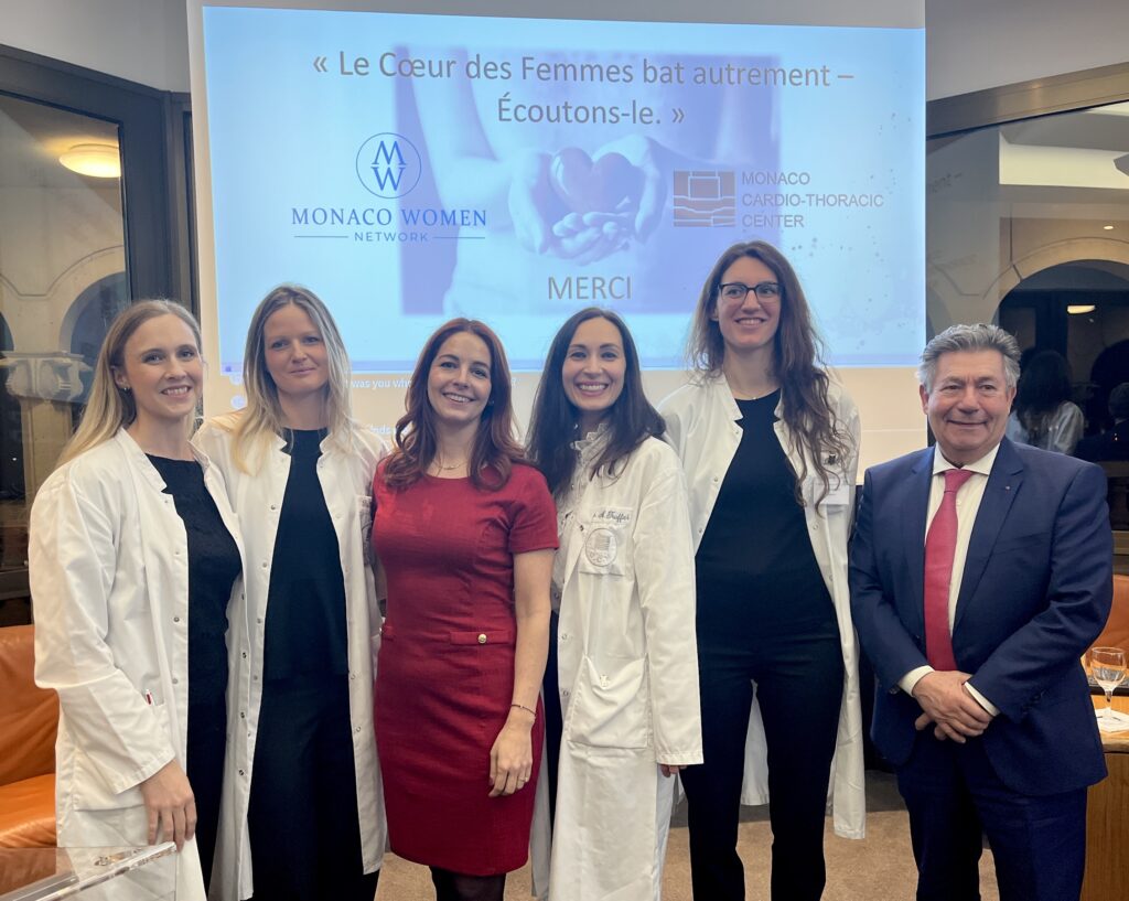 Da sinistra le D.sse Catherine Binet, Camille Wehrlin, Valentina Colman, organizzatrice del Monaco Women Network, le D.sse Ariane Truffier e Hélène Ceruti e il Presidente Delegato del CCM Guy Nervo