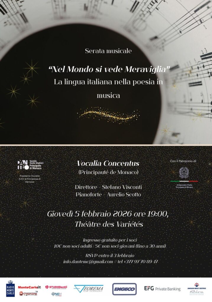 La Società Dante Alighieri Monaco, invita a una serata musicale giovedì 5 febbraio dal titolo: Nel mondo si vede meraviglia. La poesia di Dante in musica.