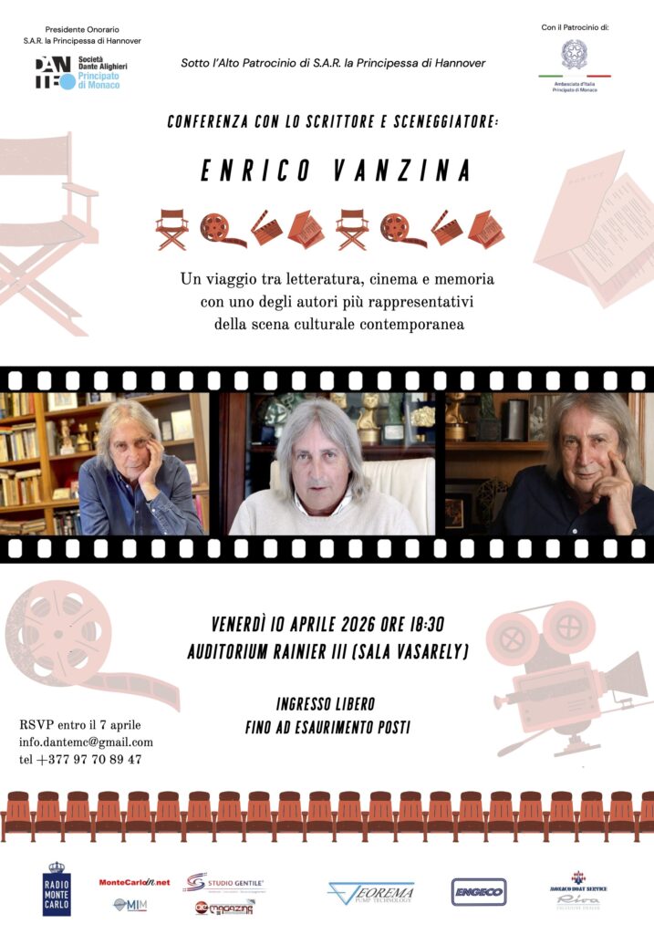 La Società Dante Alighieri di Monaco dà appuntamento, Venerdì 10 aprile alle ore 18:30, l’Auditorium Rainier III (sala Vasarely) per un incontro con Enrico Vanzina,