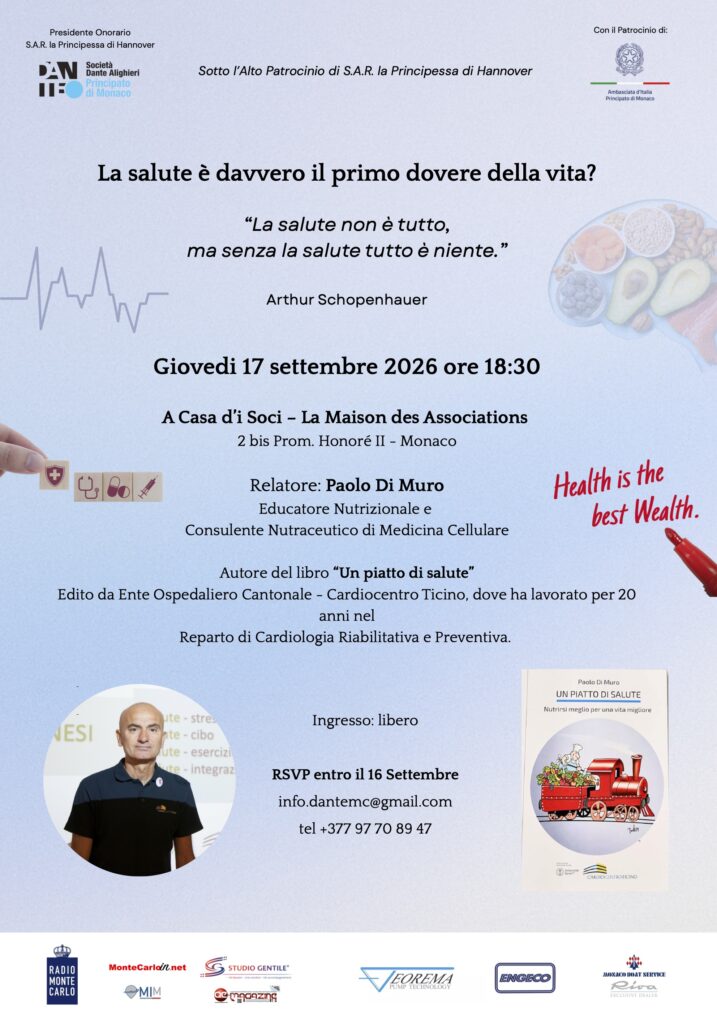 Giovedì 17 settembre alla Casa d'i Soci l'invitato della Dante Monaco sarà il nutrizionista Paolo Di Muro parlerà di prevenzione cardiovascolare e corrette abitudini alimentari.