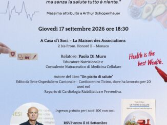 Giovedì 17 settembre alla Casa d'i Soci l'invitato della Dante Monaco sarà il nutrizionista Paolo Di Muro che parlerà di prevenzione cardiovascolare e corrette abitudini alimentari.