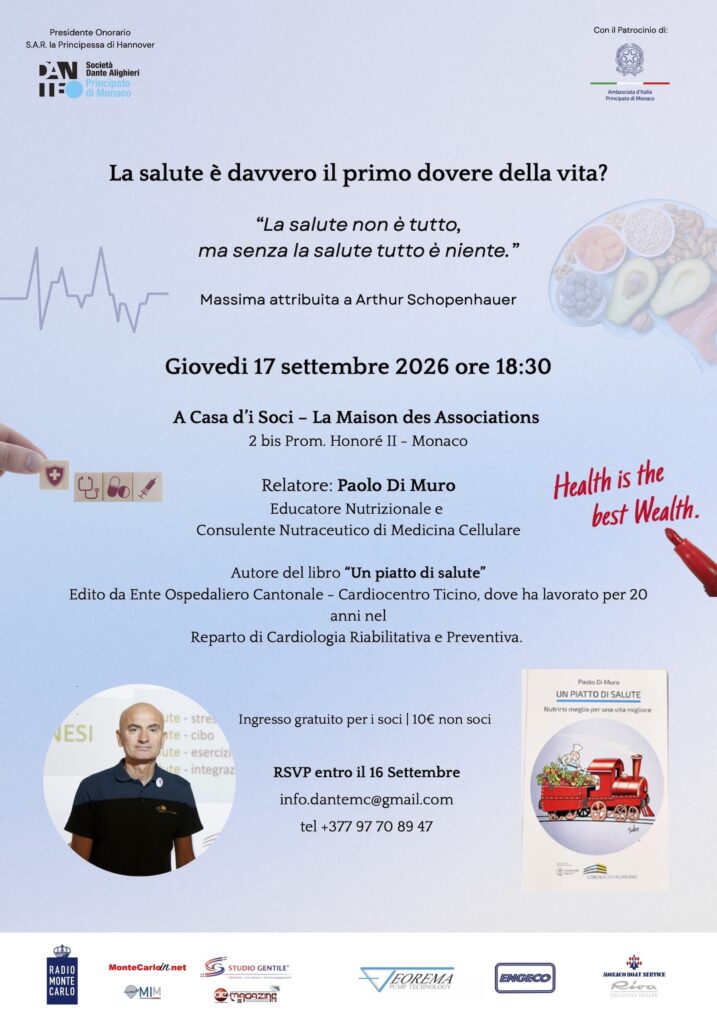 Giovedì 17 settembre alla Casa d'i Soci l'invitato della Dante Monaco sarà il nutrizionista Paolo Di Muro che parlerà di prevenzione cardiovascolare e corrette abitudini alimentari.
